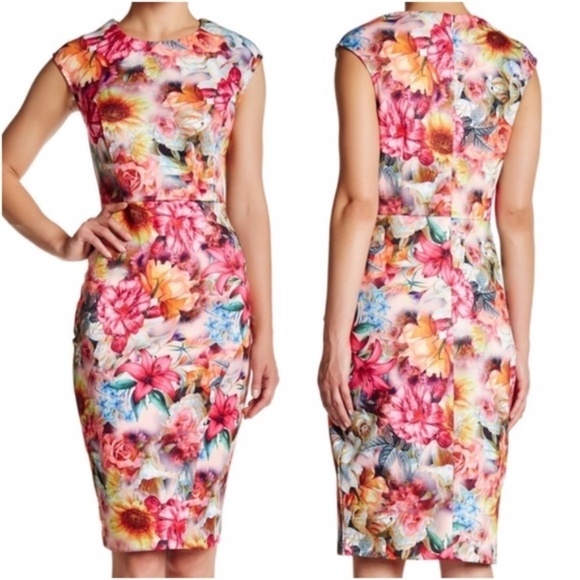 Alexia Admor Dresses & Skirts - Alexia Admor Pink Rose & Sunflower Neoprene Sheath Dress | Floral Scuba Dress